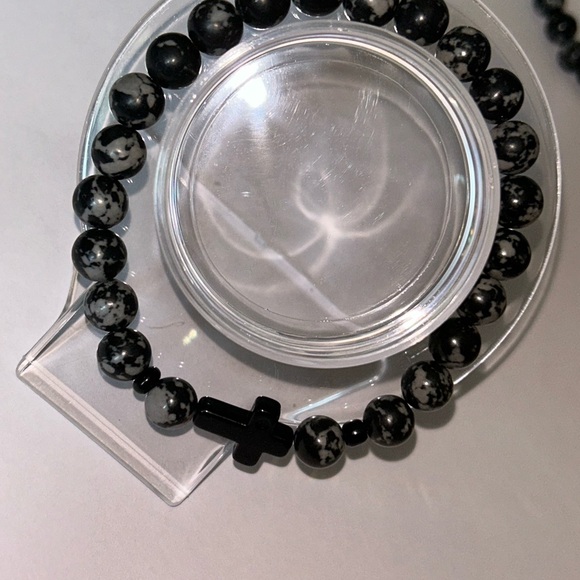 His/hers Snowflake Obsidian Cross Bracelet set – Protection, Balance & Strength - Picture 3 of 4